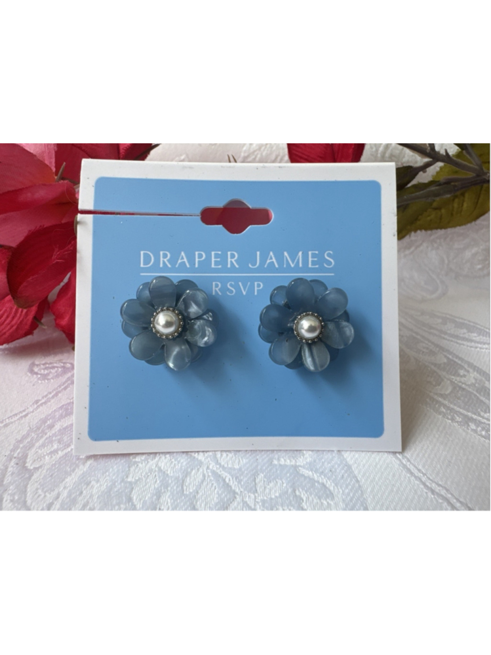 Draper James 1/2" Dainty Small Floral Earrings Blue Pearl SilverTone Flowers NEW